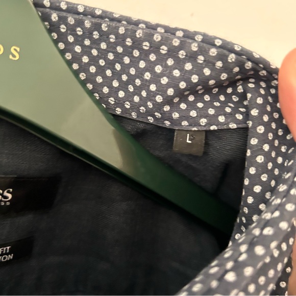 hugo boss mens L regular fit linen cotton blue and white spotted shirt - Picture 4 of 4